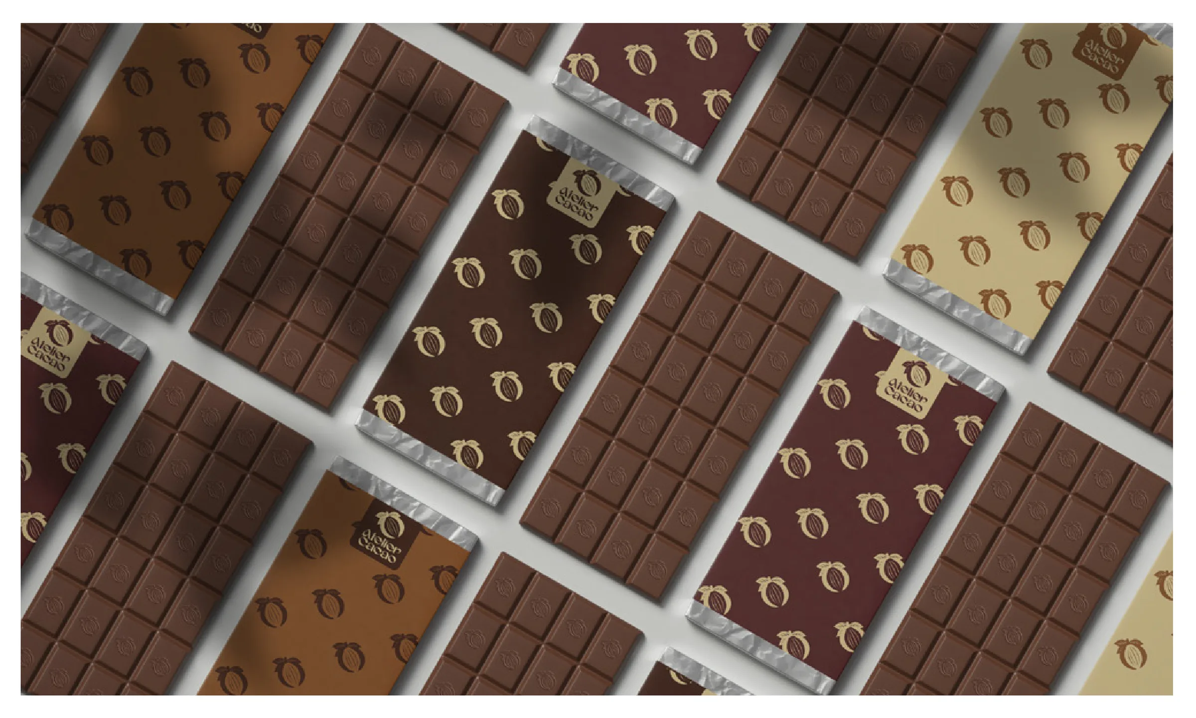 Rows of Atelier Cacao chocolate bars
