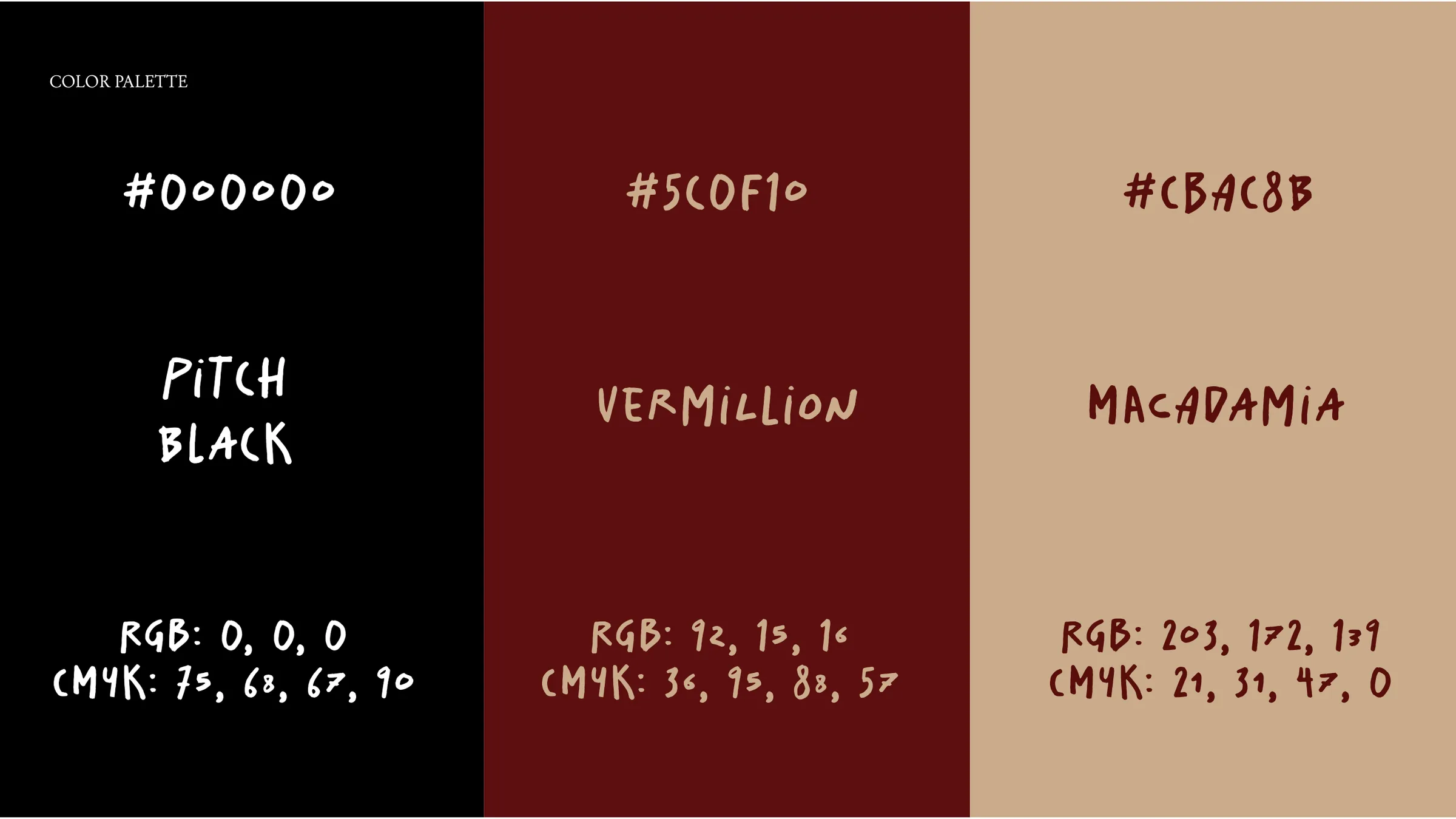 Harbor & Vine colour palette: pitch black, vermillion, macadamia