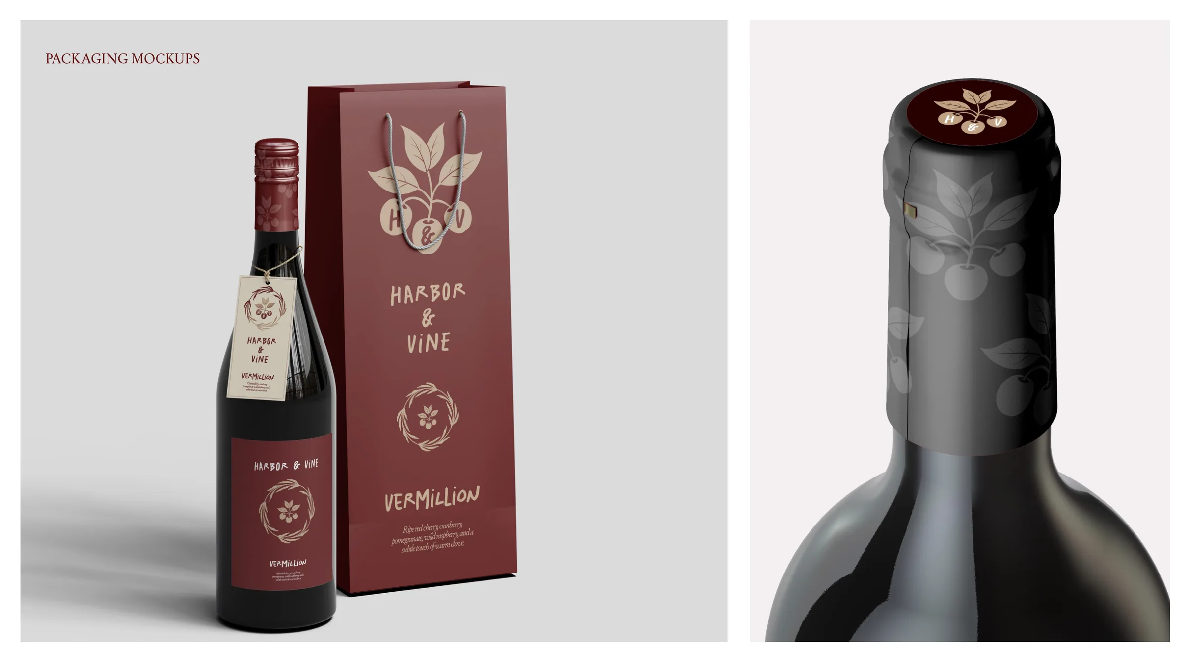 Harbor & Vine bottle and gift bag packaging mockups